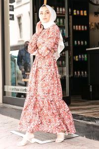 Modalamelif Çiçek Desen Hasır Kemerli Elbise Gül