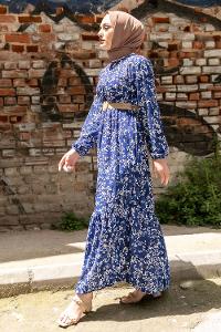 Modalamelif Çiçek Desen Hasır Kemerli Elbise İndigo