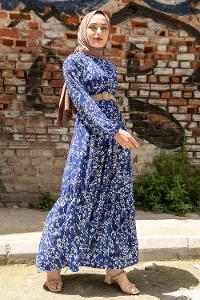 Modalamelif Çiçek Desen Hasır Kemerli Elbise İndigo