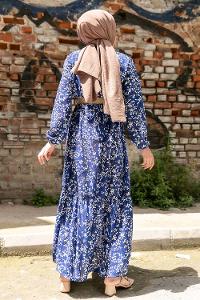Modalamelif Çiçek Desen Hasır Kemerli Elbise İndigo