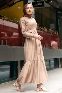 Modalamelif Eteği Yarım Düğmeli Kaplama Kemerli Elbise Sütlü Kahve