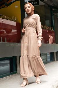 Modalamelif Eteği Yarım Düğmeli Kaplama Kemerli Elbise Sütlü Kahve