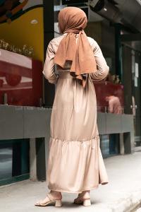 Modalamelif Eteği Yarım Düğmeli Kaplama Kemerli Elbise Sütlü Kahve