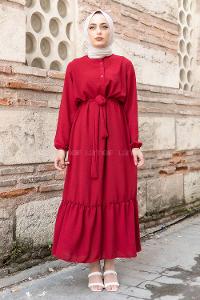 Modalamelif Hakim Yaka Kuşaklı Elbise Bordo