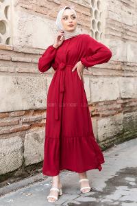 Modalamelif Hakim Yaka Kuşaklı Elbise Bordo
