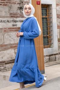 Modalamelif Hakim Yaka Kuşaklı Elbise İndigo