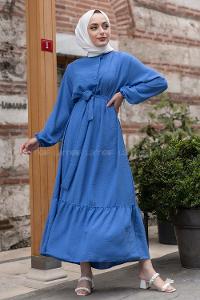 Modalamelif Hakim Yaka Kuşaklı Elbise İndigo