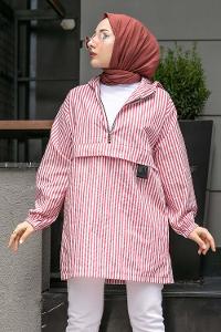 Modalamelif Kanguru Cep Çizgili Tunik Gül