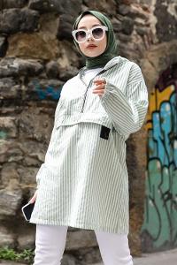 Modalamelif Kanguru Cep Çizgili Tunik Yeşil