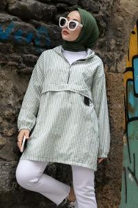 Modalamelif Kanguru Cep Çizgili Tunik Yeşil