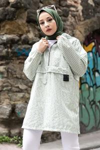 Modalamelif Kanguru Cep Çizgili Tunik Yeşil