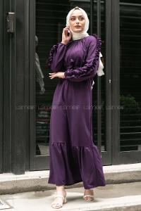 Modalamelif Kol Fırfırlı Kuşak Kemerli Ayrobin Elbise Mor