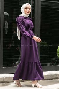 Modalamelif Kol Fırfırlı Kuşak Kemerli Ayrobin Elbise Mor