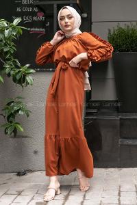 Modalamelif Kol Fırfırlı Kuşak Kemerli Ayrobin Elbise Taba