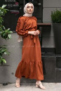 Modalamelif Kol Fırfırlı Kuşak Kemerli Ayrobin Elbise Taba