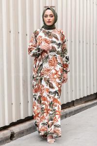 Modalamelif Kolu Lastikli  Eteği Fırfırılı Yaprak Desenli Elbise Camel