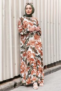 Modalamelif Kolu Lastikli  Eteği Fırfırılı Yaprak Desenli Elbise Camel