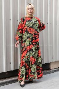 Modalamelif Kolu Lastikli  Eteği Fırfırılı Yaprak Desenli Elbise Siyah