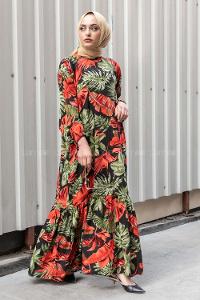 Modalamelif Kolu Lastikli  Eteği Fırfırılı Yaprak Desenli Elbise Siyah