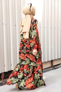 Modalamelif Kolu Lastikli  Eteği Fırfırılı Yaprak Desenli Elbise Siyah