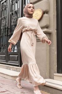 Modalamelif Kuşak Bağlamalı Pötikare  Elbise Sütlü Kahve