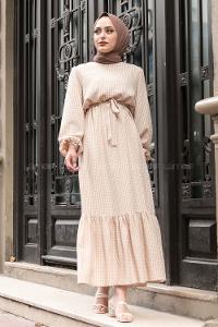 Modalamelif Kuşak Bağlamalı Pötikare  Elbise Sütlü Kahve