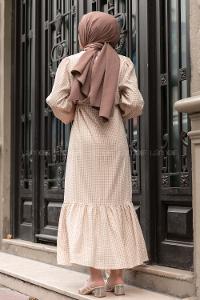 Modalamelif Kuşak Bağlamalı Pötikare  Elbise Sütlü Kahve