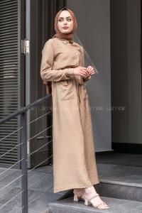 Modalamelif Önü Boy Düğmeli Beli Kuşaklı  Elbise Camel