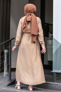 Modalamelif Önü Boy Düğmeli Beli Kuşaklı  Elbise Camel