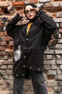 Modalamelif Önü Çıt Çıt Düğmeli Kız Baskılı Ceket Siyah