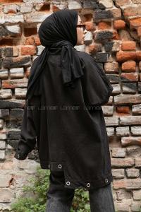 Modalamelif Önü Çıt Çıt Düğmeli Kız Baskılı Ceket Siyah