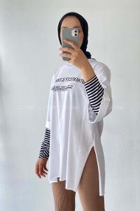 Modalamelif Authencıty Yazılı Yan Yırtmaçlı Oversize T-Shirt Beyaz
