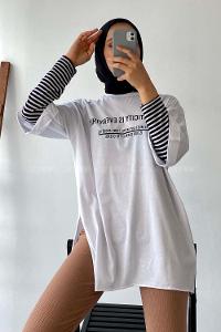 Modalamelif Authencıty Yazılı Yan Yırtmaçlı Oversize T-Shirt Beyaz