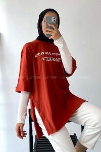 Modalamelif Authencıty Yazılı Yan Yırtmaçlı Oversize T-Shirt Taba