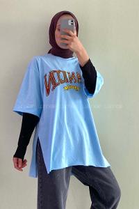 Modalamelif Beanıcon Yazılı Yan Yırtmaçlı Oversize T-Shirt Bebe Mavisi