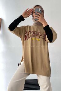 Modalamelif Beanıcon Yazılı Yan Yırtmaçlı Oversize T-Shirt Bej