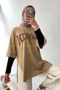 Modalamelif Beanıcon Yazılı Yan Yırtmaçlı Oversize T-Shirt Bej
