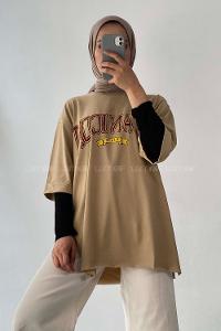 Modalamelif Beanıcon Yazılı Yan Yırtmaçlı Oversize T-Shirt Bej