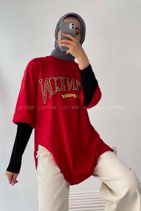 Modalamelif Beanıcon Yazılı Yan Yırtmaçlı Oversize T-Shirt Kırmızı