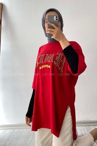 Modalamelif Beanıcon Yazılı Yan Yırtmaçlı Oversize T-Shirt Kırmızı