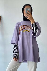 Modalamelif Beanıcon Yazılı Yan Yırtmaçlı Oversize T-Shirt Lila