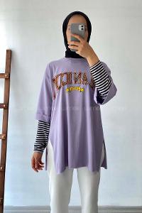 Modalamelif Beanıcon Yazılı Yan Yırtmaçlı Oversize T-Shirt Lila