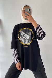 Modalamelif Been Talkıng Yazılı Baskılı Yanı Yırtmaçlı  T-Shirt Siyah