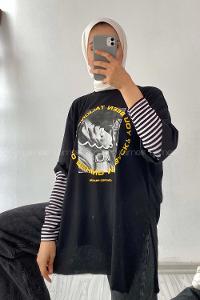 Modalamelif Been Talkıng Yazılı Baskılı Yanı Yırtmaçlı  T-Shirt Siyah
