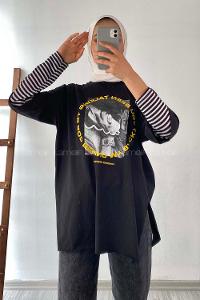 Modalamelif Been Talkıng Yazılı Baskılı Yanı Yırtmaçlı  T-Shirt Siyah