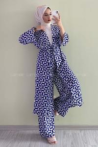 Modalamelif Beli Kuşak Bağlama Detaylı Desenli İkili Takım İndigo