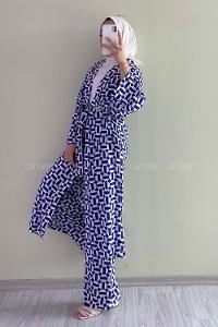 Modalamelif Beli Kuşak Bağlama Detaylı Desenli İkili Takım İndigo