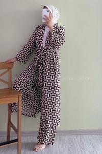 Modalamelif Beli Kuşak Bağlama Detaylı Desenli İkili Takım Kahverengi