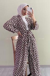 Modalamelif Beli Kuşak Bağlama Detaylı Desenli İkili Takım Kahverengi