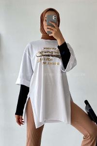Modalamelif Champing Yazılı Yan Yırtmaçlı Oversize T-Shirt Beyaz